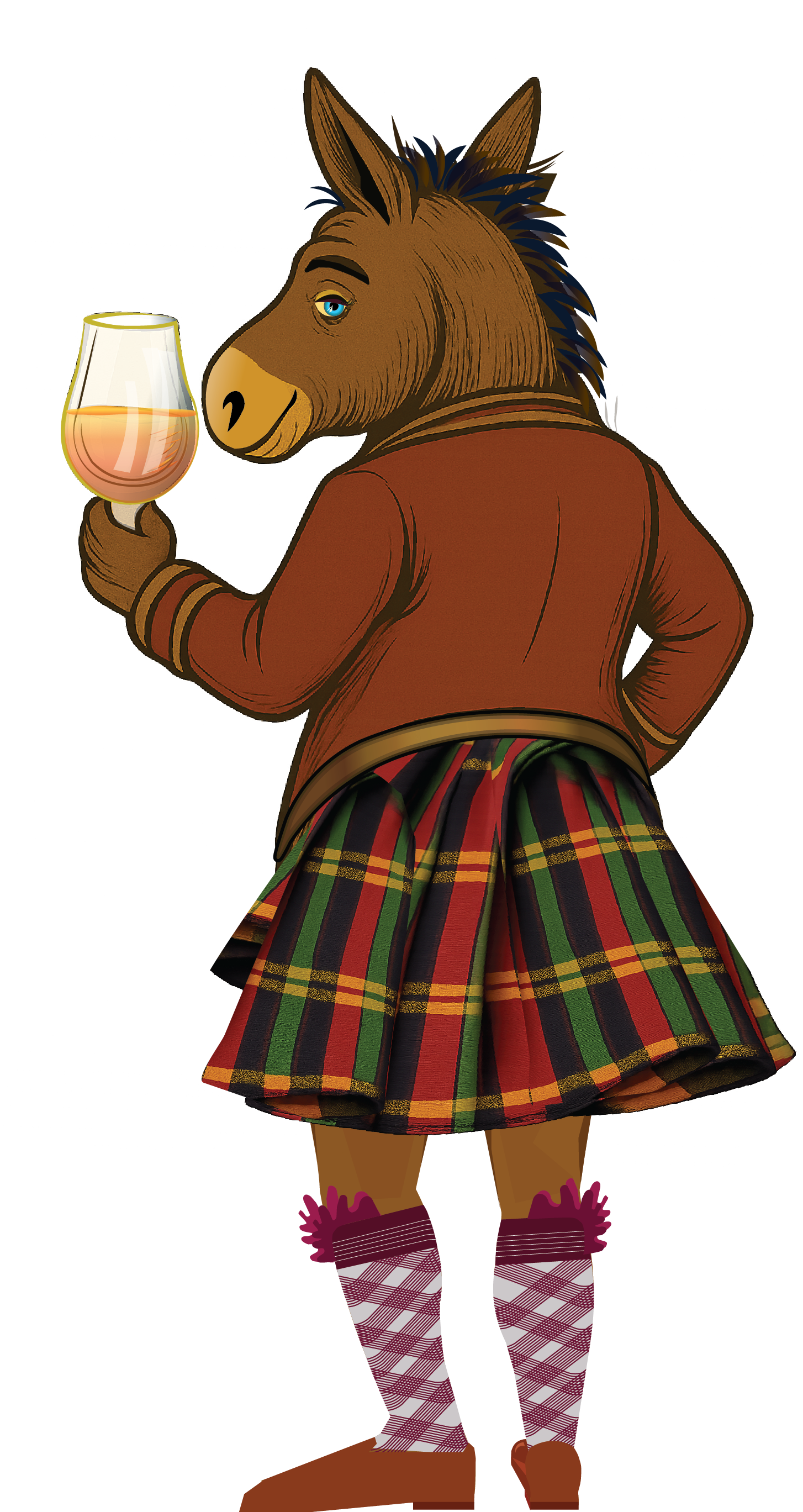 The WhiskyAss mascot, a donkey in a tartan kilt holding a dram